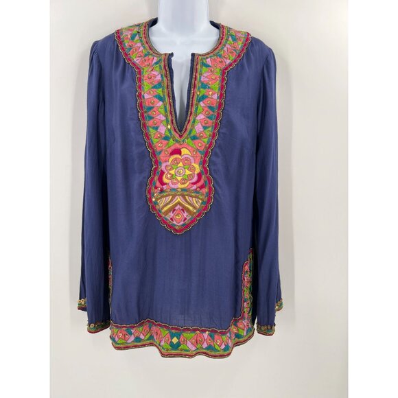 Boston Proper Women's M Blue Embroidered Beaded Tunic Top Long Sleeve Boho - Picture 1 of 10